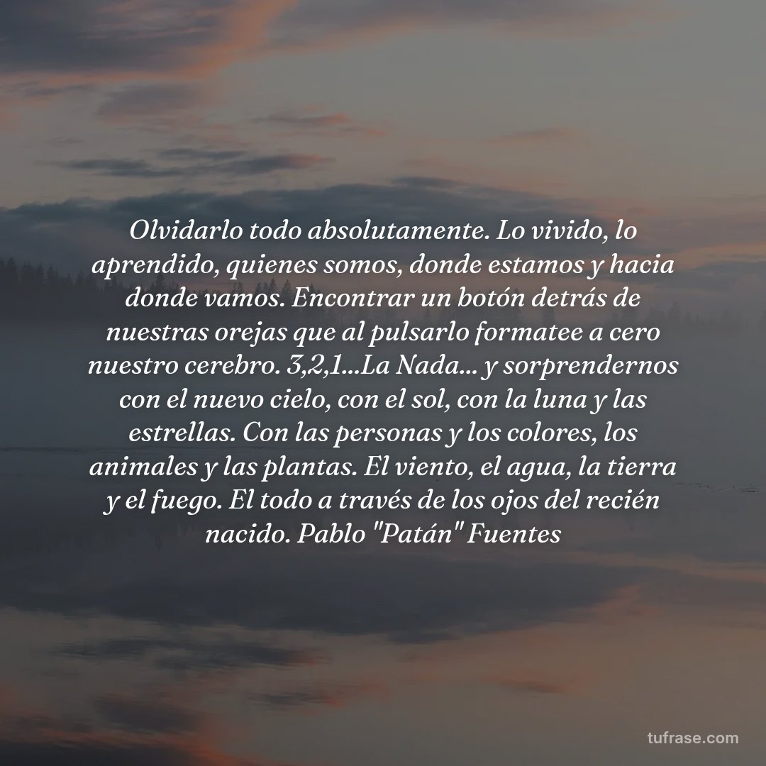 Olvidarlo todo absolutamente. Lo vivido, lo aprendido, quienes somos, donde estamos y hacia donde vamos. Encontrar un botón detrás de nuestras orejas que al pulsarlo formatee a cero nuestro cerebro. 3,2,1...La Nada... y sorprendernos con el nuevo cielo, con el sol, con la luna y las estrellas. Con las personas y los colores, los animales y las plantas. El viento, el agua, la tierra y el fuego. El todo a través de los ojos del recién nacido. Pablo "Patán" Fuentes