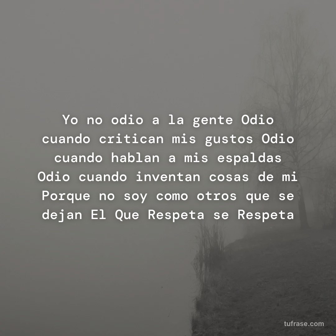 Yo no odio a la gente Odio cuando critican mis gustos Odio cuando hablan a mis espaldas Odio cuando inventan cosas de mi Porque no soy como otros que se dejan El Que Respeta se Respeta