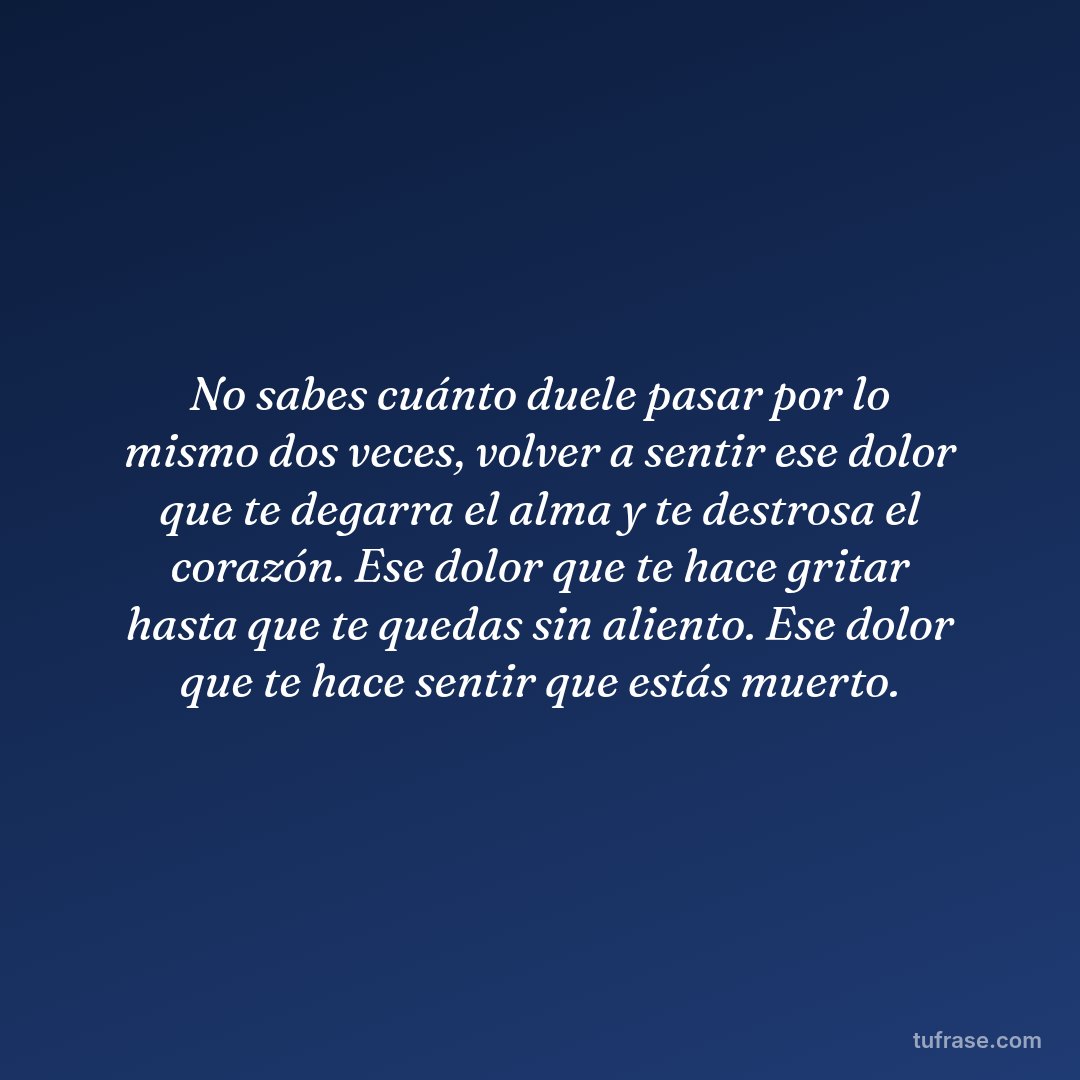 No sabes cuánto duele pasar por lo mismo dos veces, volver a sentir ese dolor que te degarra el alma y te destrosa el corazón. Ese dolor que te hace gritar hasta que te quedas sin aliento. Ese dolor que te hace sentir que estás muerto.