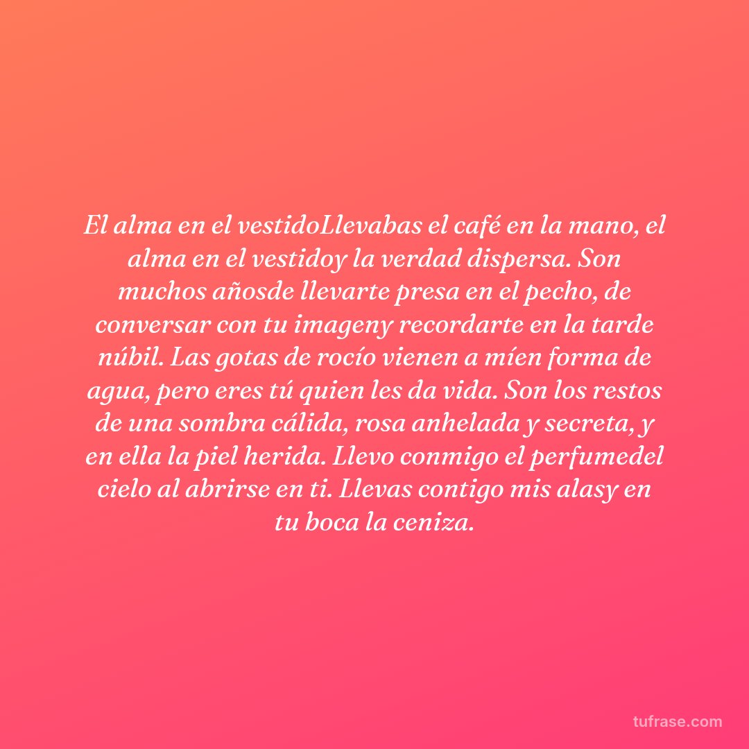 El alma en el vestidoLlevabas el café en la mano, el alma en el vestidoy la verdad dispersa. Son muchos añosde llevarte presa en el pecho, de conversar con tu imageny recordarte en la tarde núbil. Las gotas de rocío vienen a míen forma de agua, pero eres tú quien les da vida. Son los restos de una sombra cálida, rosa anhelada y secreta, y en ella la piel herida. Llevo conmigo el perfumedel cielo al abrirse en ti. Llevas contigo mis alasy en tu boca la ceniza.