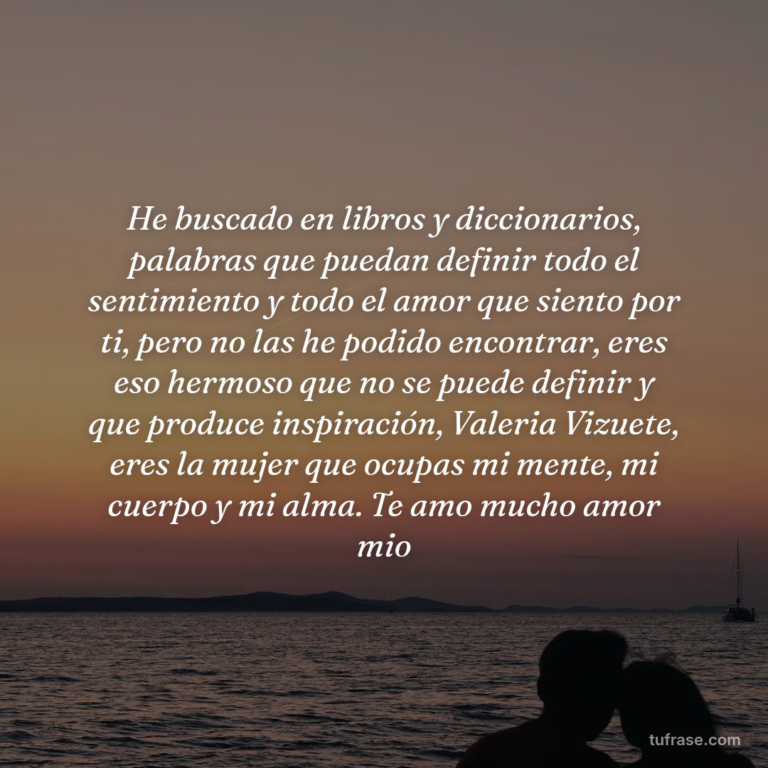 He buscado en libros y diccionarios, palabras que puedan definir todo el sentimiento y todo el amor que siento por ti, pero no las he podido encontrar, eres eso hermoso que no se puede definir y que produce inspiración, Valeria Vizuete, eres la mujer que ocupas mi mente, mi cuerpo y mi alma. Te amo mucho amor mio