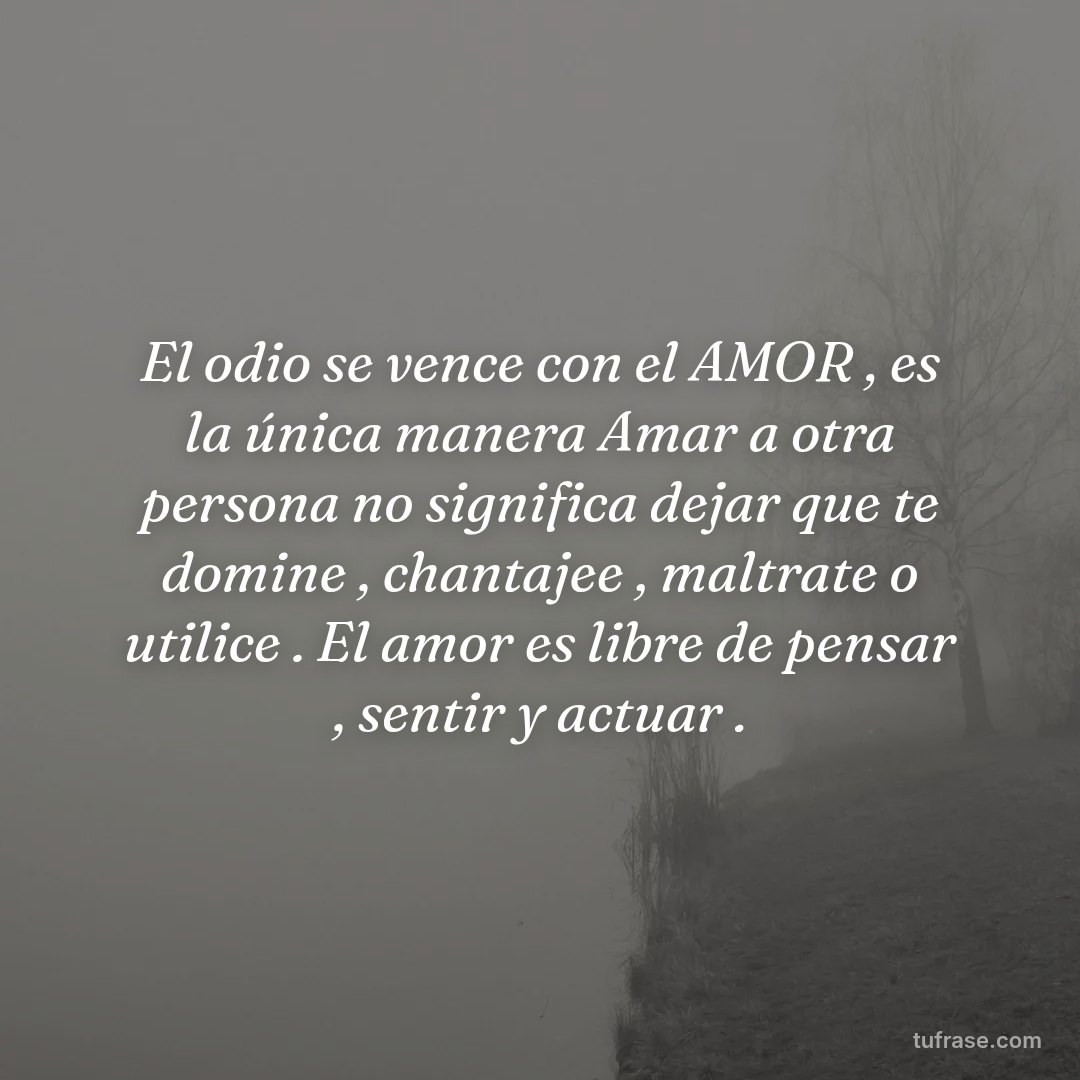 El odio se vence con el AMOR , es la única manera Amar a otra persona no significa dejar que te domine , chantajee , maltrate o utilice . El amor es libre de pensar , sentir y actuar .