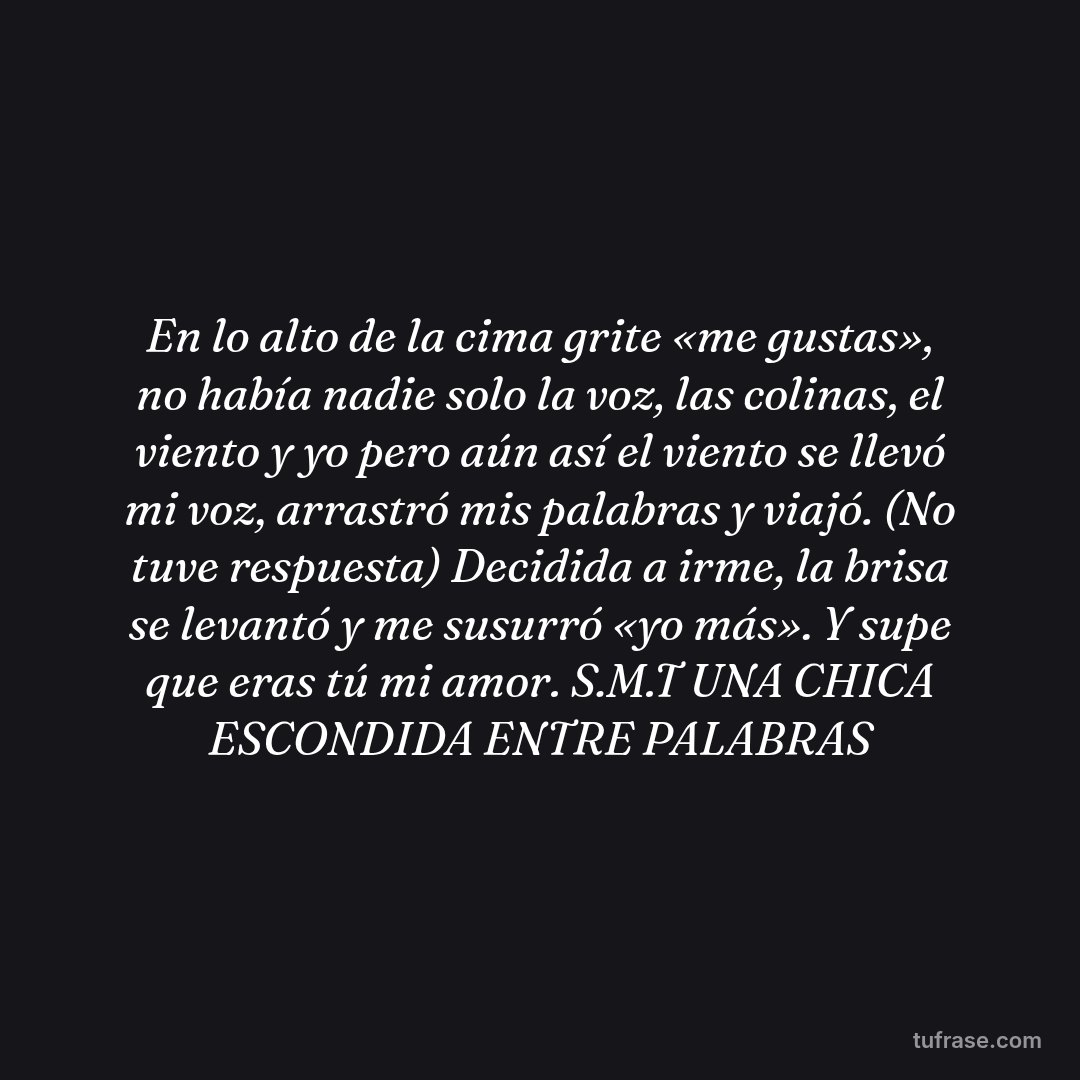 En lo alto de la cima grite «me gustas», no había nadie solo la voz, las colinas, el viento y yo pero aún así el viento se llevó mi voz, arrastró mis palabras y viajó. (No tuve respuesta) Decidida a irme, la brisa se levantó y me susurró «yo más». Y supe que eras tú mi amor. S.M.T UNA CHICA ESCONDIDA ENTRE PALABRAS