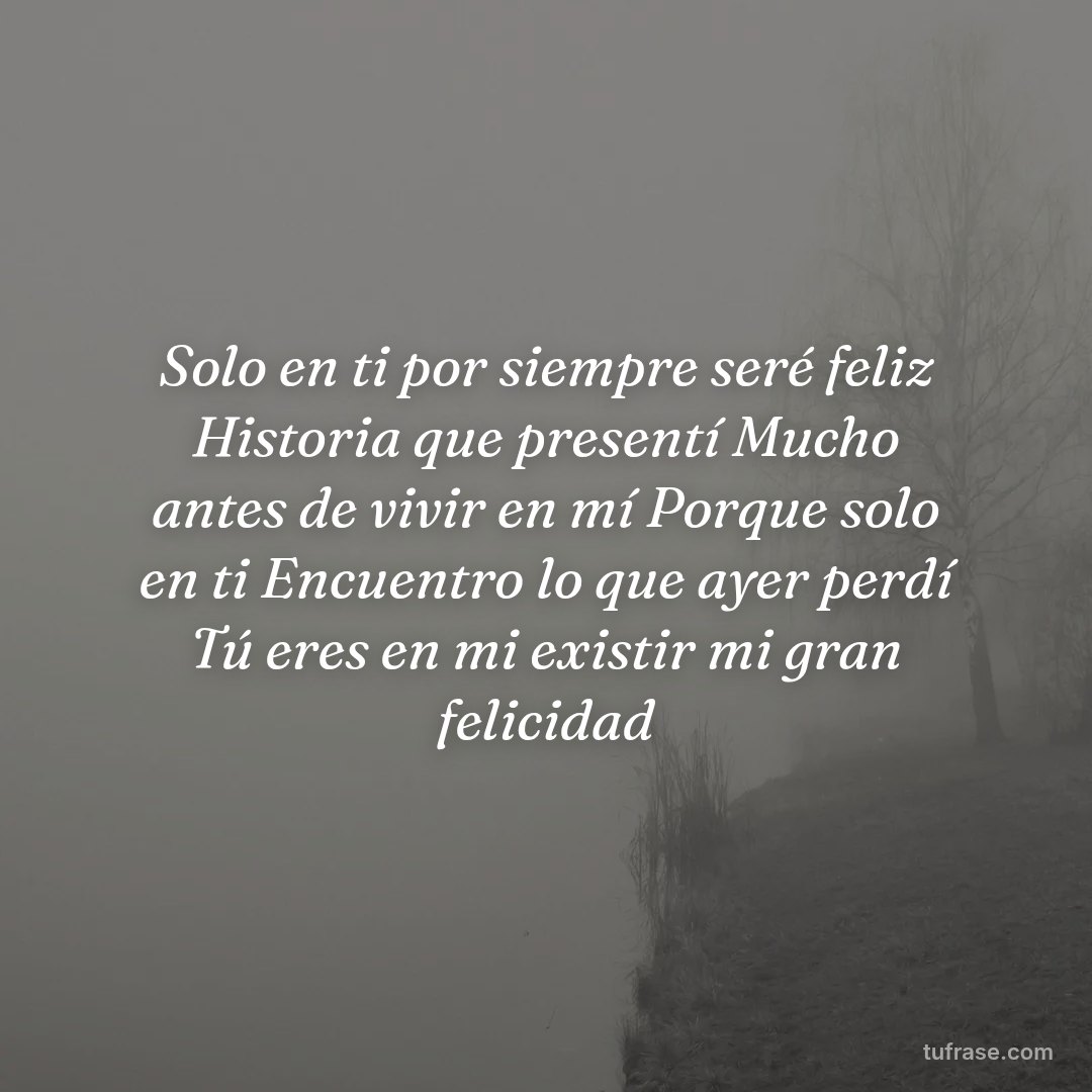 Solo en ti por siempre seré feliz Historia que presentí Mucho antes de vivir en mí Porque solo en ti Encuentro lo que ayer perdí Tú eres en mi existir mi gran felicidad