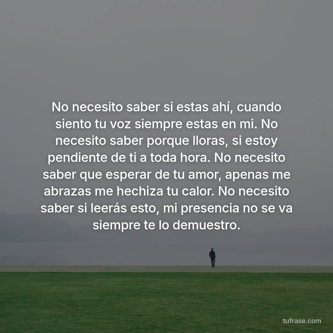 No necesito saber si estas ahí, cuando siento tu voz siempre estas en mi. No necesito saber porque lloras, si estoy pendiente de ti a toda hora. No necesito saber que esperar de tu amor, apenas me abrazas me hechiza tu calor. No necesito saber si leerás esto, mi presencia no se va siempre te lo demuestro.