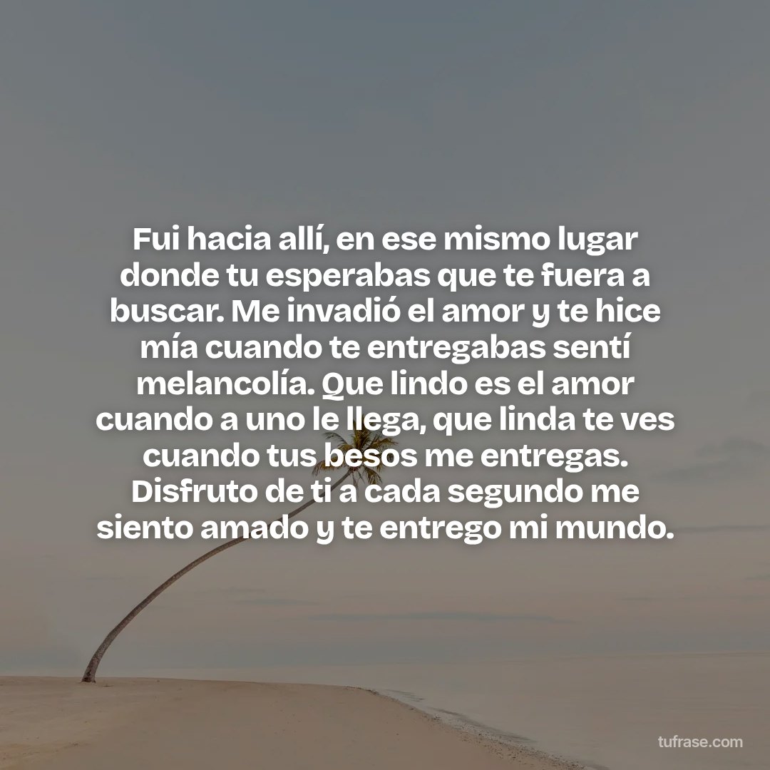 Fui hacia allí, en ese mismo lugar donde tu esperabas que te fuera a buscar. Me invadió el amor y te hice mía cuando te entregabas sentí melancolía. Que lindo es el amor cuando a uno le llega, que linda te ves cuando tus besos me entregas. Disfruto de ti a cada segundo me siento amado y te entrego mi mundo.