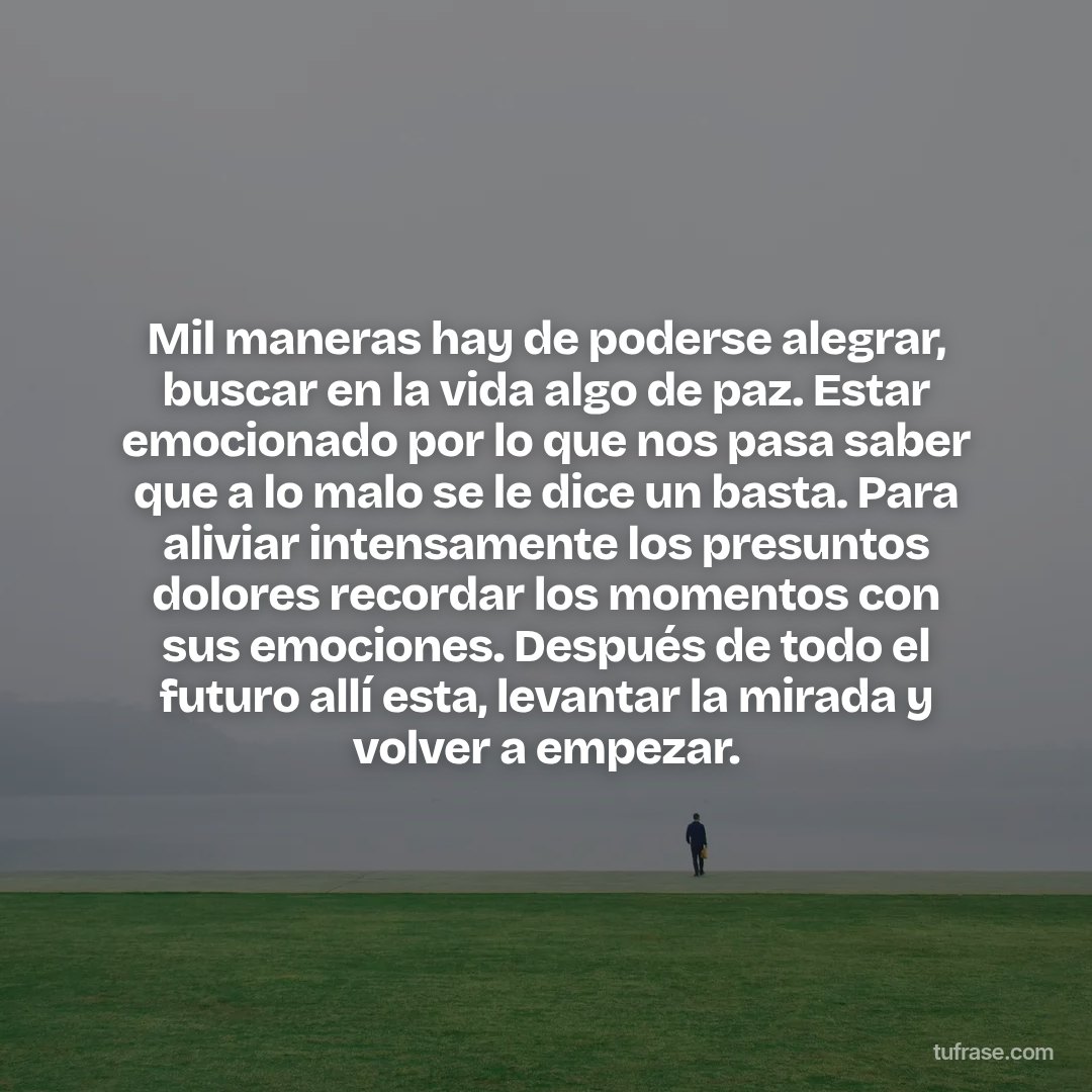Mil maneras hay de poderse alegrar, buscar en la vida algo de paz. Estar emocionado por lo que nos pasa saber que a lo malo se le dice un basta. Para aliviar intensamente los presuntos dolores recordar los momentos con sus emociones. Después de todo el futuro allí esta, levantar la mirada y volver a empezar.