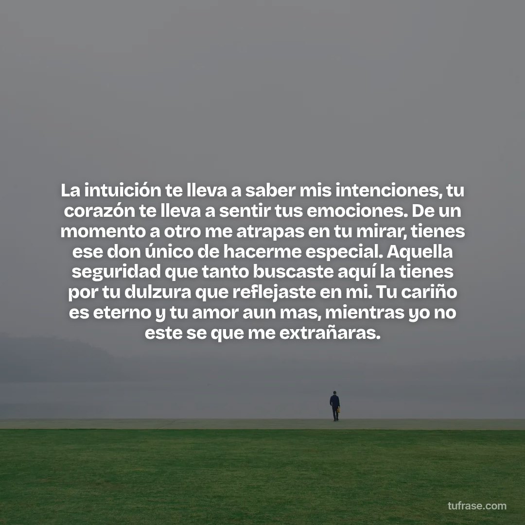 La intuición te lleva a saber mis intenciones, tu corazón te lleva a sentir tus emociones. De un momento a otro me atrapas en tu mirar, tienes ese don único de hacerme especial. Aquella seguridad que tanto buscaste aquí la tienes por tu dulzura que reflejaste en mi. Tu cariño es eterno y tu amor aun mas, mientras yo no este se que me extrañaras.