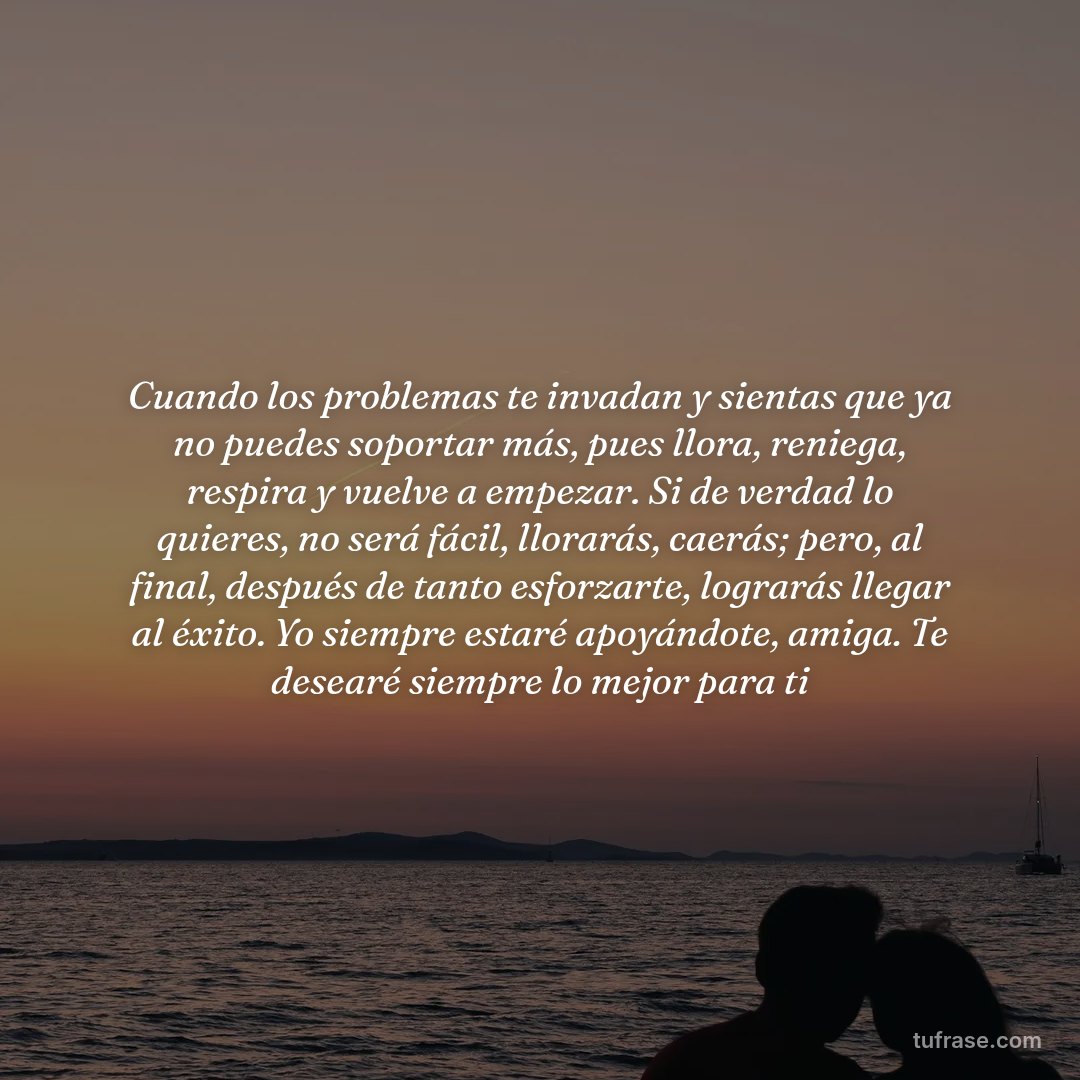 Cuando los problemas te invadan y sientas que ya no puedes soportar más, pues llora, reniega, respira y vuelve a empezar. Si de verdad lo quieres, no será fácil, llorarás, caerás; pero, al final, después de tanto esforzarte, lograrás llegar al éxito. Yo siempre estaré apoyándote, amiga. Te desearé siempre lo mejor para ti