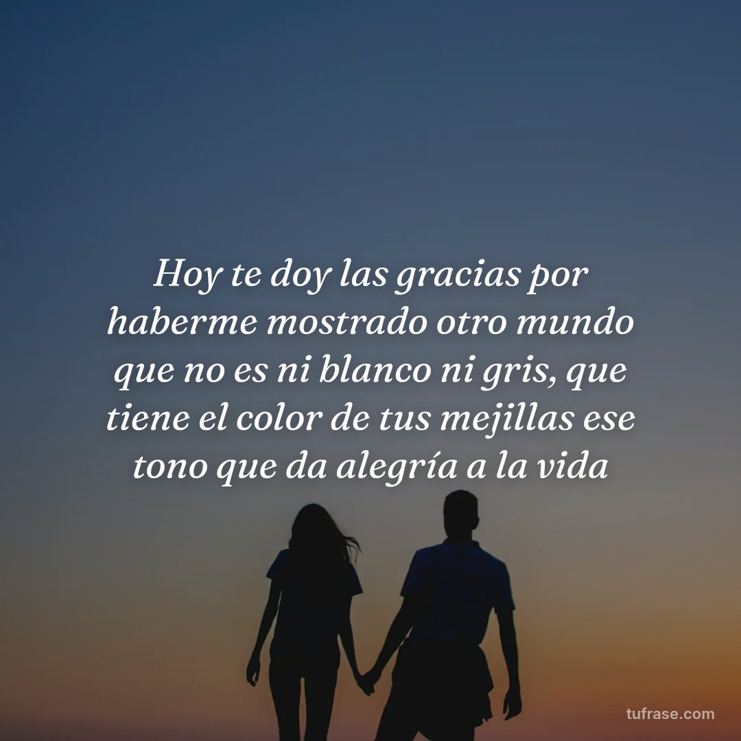 Hoy te doy las gracias por haberme mostrado otro mundo que no es ni blanco ni gris, que tiene el color de tus mejillas ese tono que da alegría a la vida