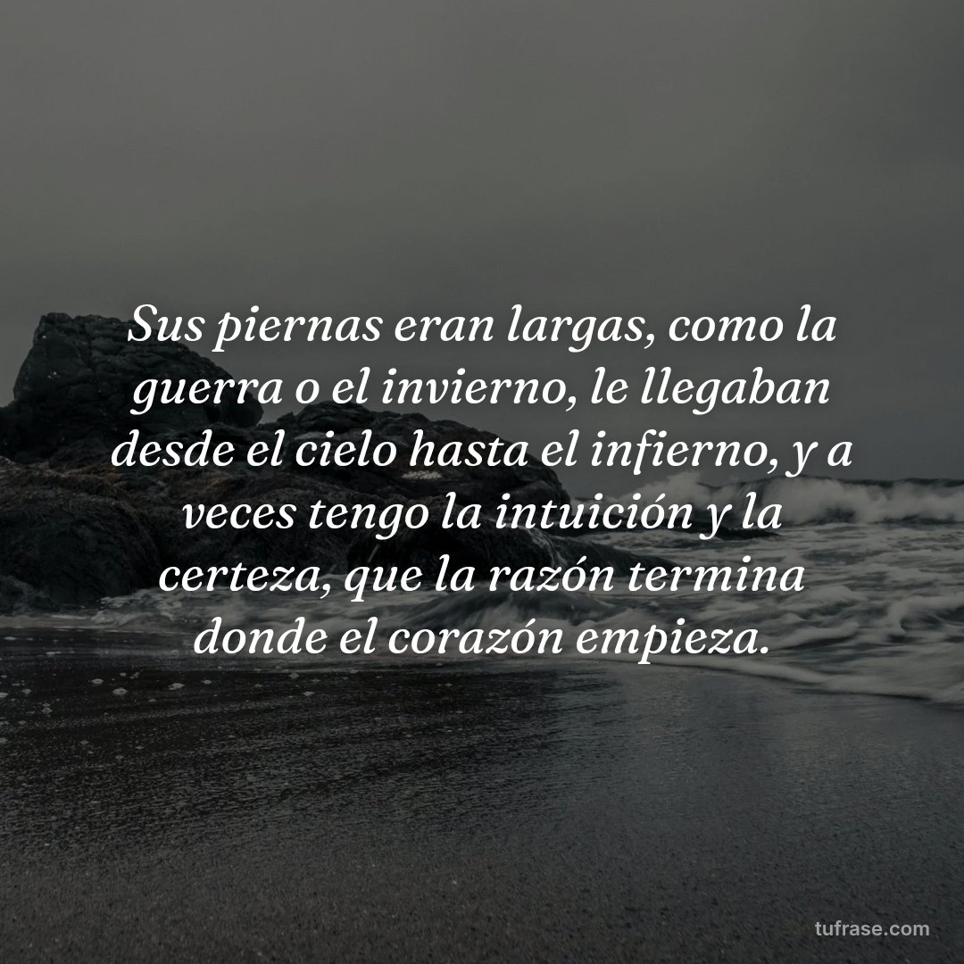 Sus piernas eran largas, como la guerra o el invierno, le llegaban desde el cielo hasta el infierno, y a veces tengo la intuición y la certeza, que la razón termina donde el corazón empieza.