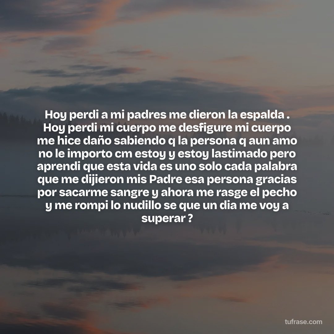 Hoy perdi a mi padres me dieron la espalda . Hoy perdi mi cuerpo me desfigure mi cuerpo me hice daño sabiendo q la persona q aun amo no le importo cm estoy y estoy lastimado pero aprendi que esta vida es uno solo cada palabra que me dijieron mis Padre esa persona gracias por sacarme sangre y ahora me rasge el pecho y me rompi lo nudillo se que un dia me voy a superar ?