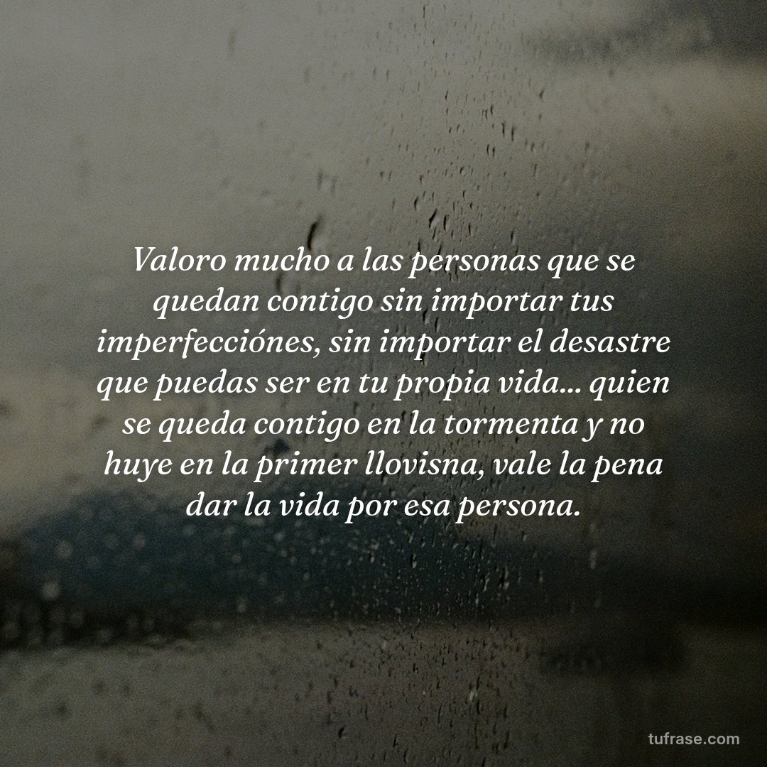 Valoro mucho a las personas que se quedan contigo sin importar tus imperfecciónes, sin importar el desastre que puedas ser en tu propia vida... quien se queda contigo en la tormenta y no huye en la primer llovisna, vale la pena dar la vida por esa persona.