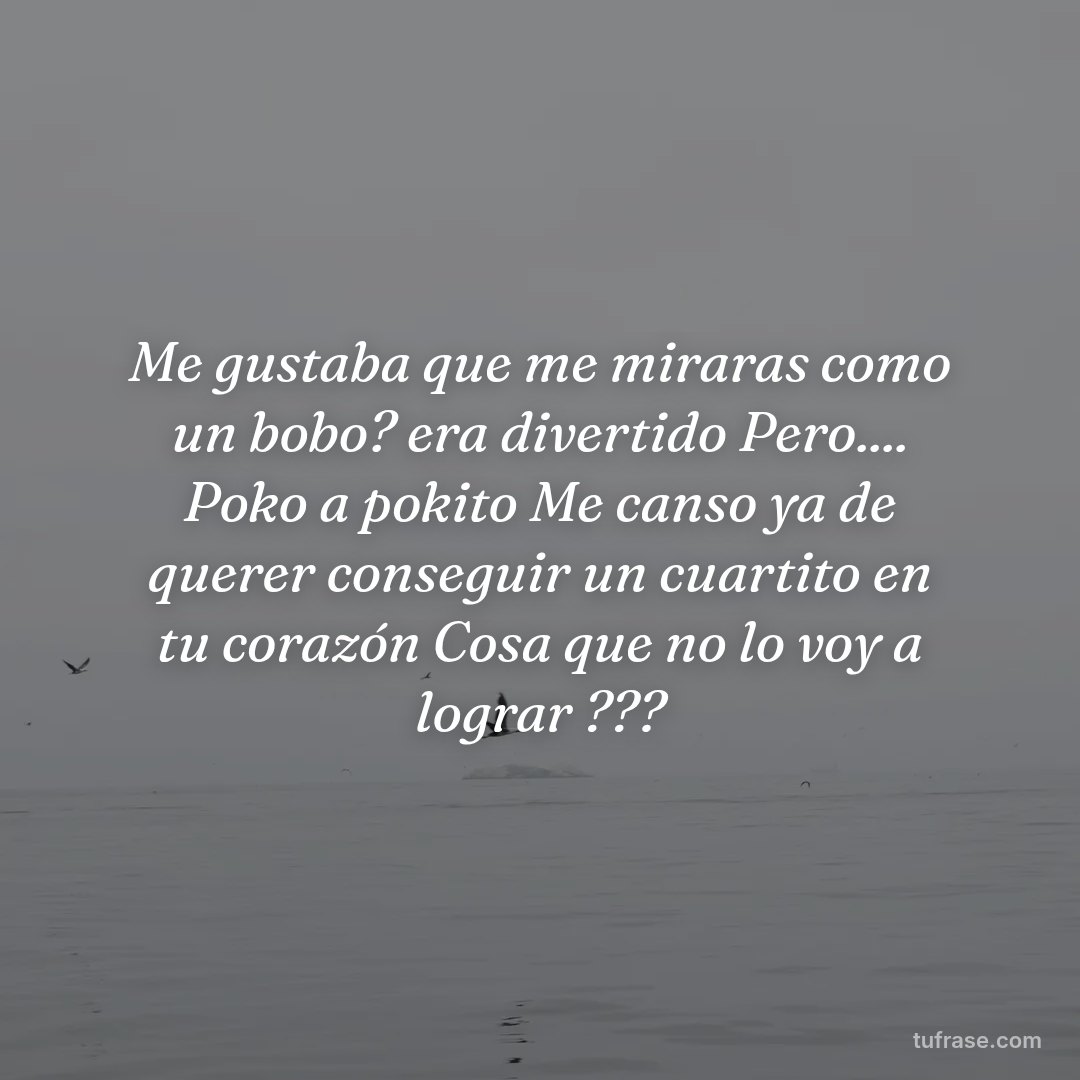 Me gustaba que me miraras como un bobo? era divertido Pero.... Poko a pokito Me canso ya de querer conseguir un cuartito en tu corazón Cosa que no lo voy a lograr ???