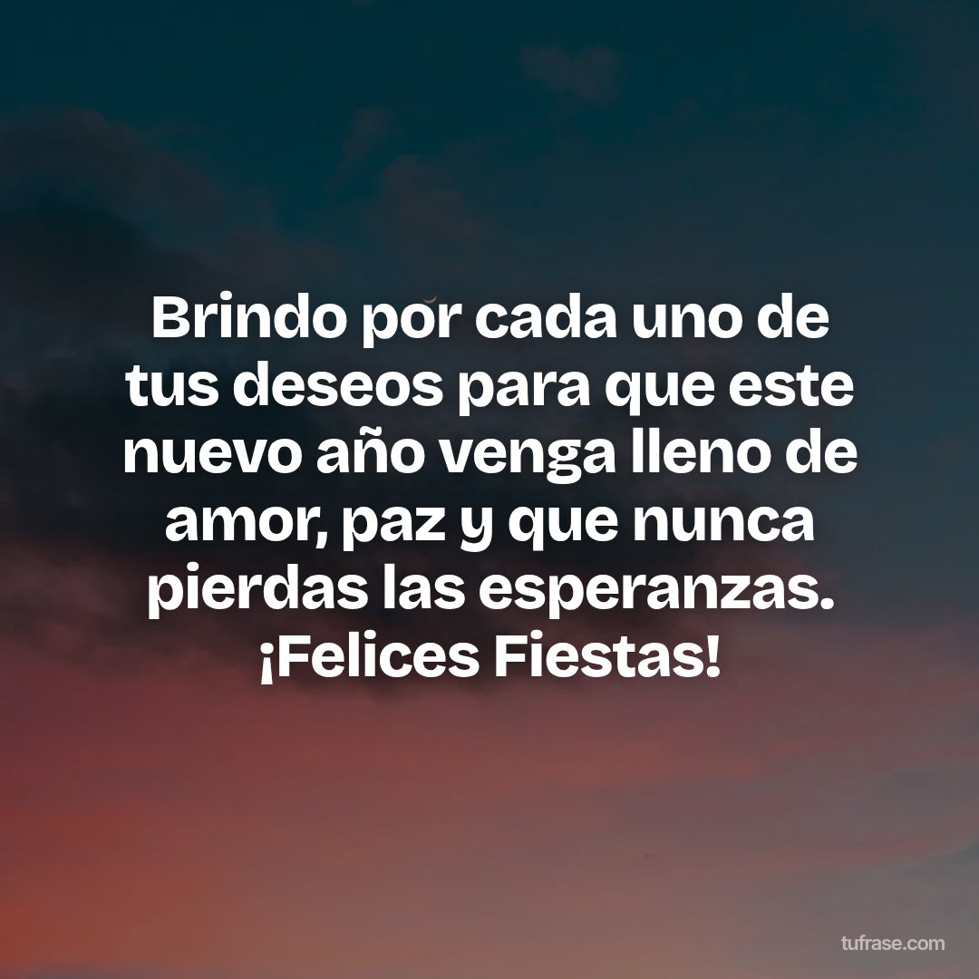 Brindo por cada uno de tus deseos para que este nuevo año venga lleno de amor, paz y que nunca pierdas las esperanzas. ¡Felices Fiestas!