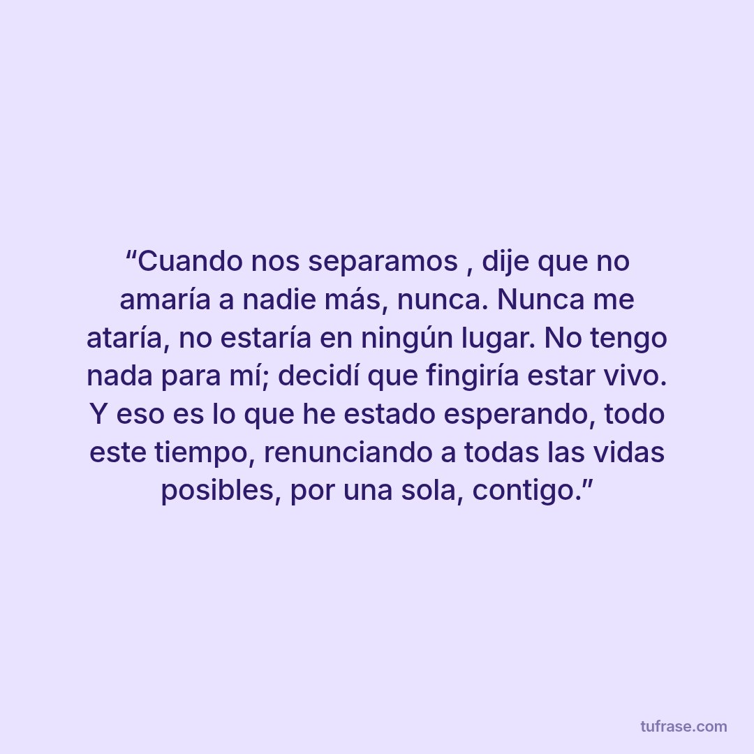 “Cuando nos separamos , dije que no amaría a nadie más, nunca. Nunca me ataría, no estaría en ningún lugar. No tengo nada para mí; decidí que fingiría estar vivo. Y eso es lo que he estado esperando, todo este tiempo, renunciando a todas las vidas posibles, por una sola, contigo.”