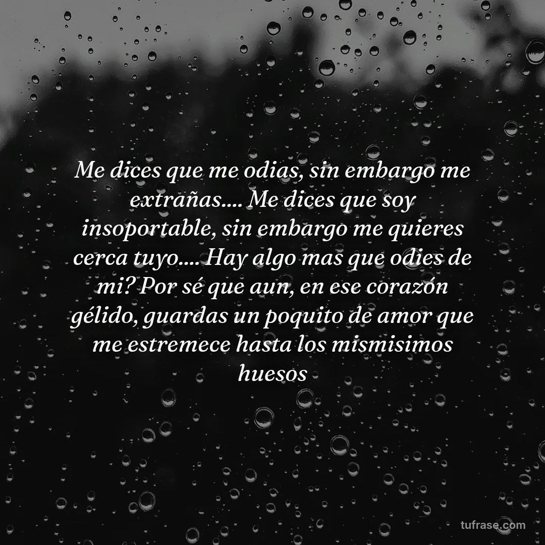 Me dices que me odias, sin embargo me extrañas.... Me dices que soy insoportable, sin embargo me quieres cerca tuyo.... Hay algo mas que odies de mi? Por sé que aun, en ese corazón gélido, guardas un poquito de amor que me estremece hasta los mismisimos huesos