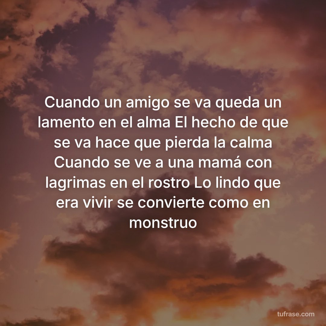 Cuando un amigo se va queda un lamento en el alma El hecho de que se va hace que pierda la calma Cuando se ve a una mamá con lagrimas en el rostro Lo lindo que era vivir se convierte como en monstruo