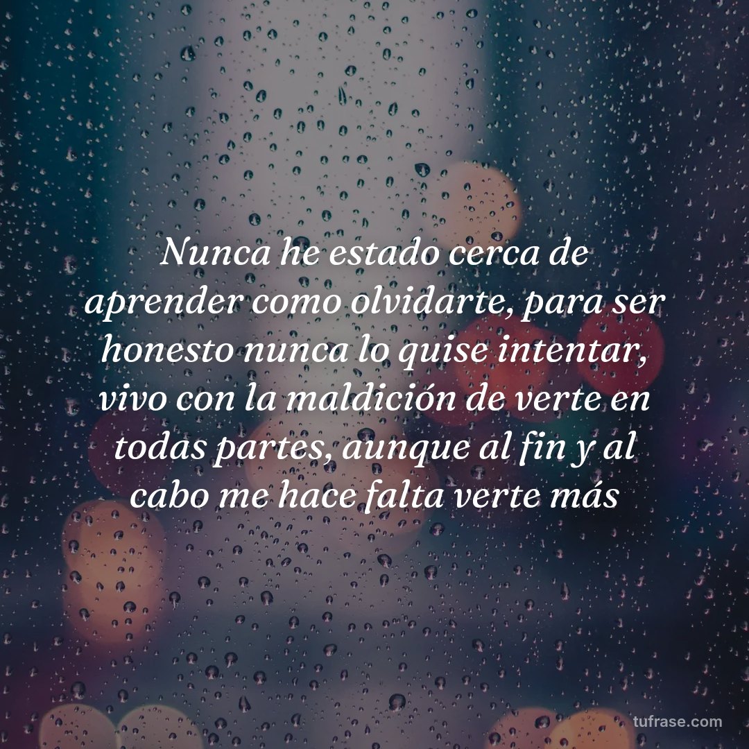 Nunca he estado cerca de aprender como olvidarte, para ser honesto nunca lo quise intentar, vivo con la maldición de verte en todas partes, aunque al fin y al cabo me hace falta verte más