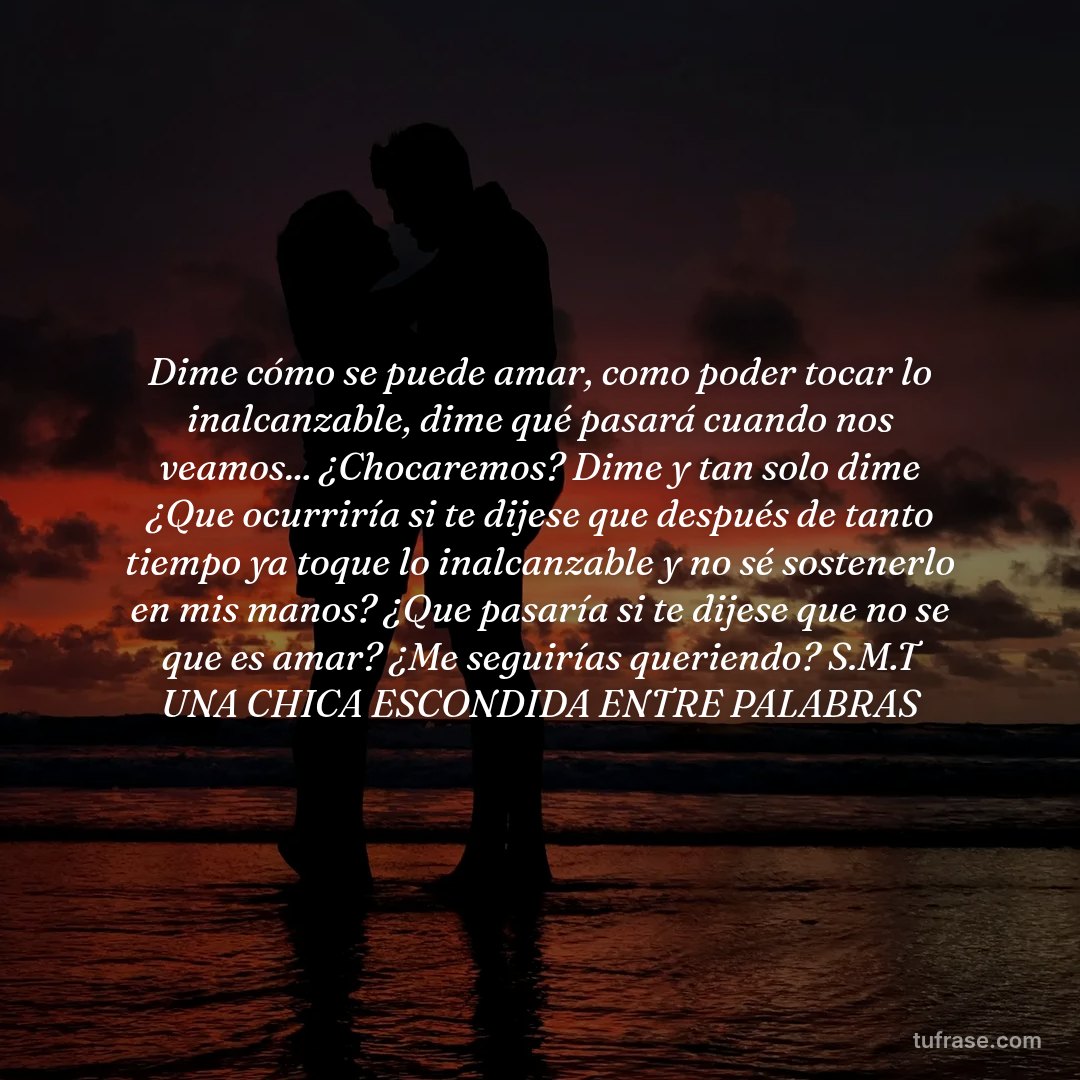 Dime cómo se puede amar, como poder tocar lo inalcanzable, dime qué pasará cuando nos veamos... ¿Chocaremos? Dime y tan solo dime ¿Que ocurriría si te dijese que después de tanto tiempo ya toque lo inalcanzable y no sé sostenerlo en mis manos? ¿Que pasaría si te dijese que no se que es amar? ¿Me seguirías queriendo? S.M.T UNA CHICA ESCONDIDA ENTRE PALABRAS