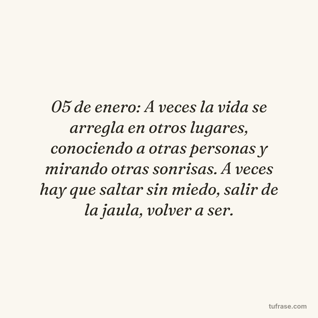 05 de enero: A veces la vida se arregla en otros lugares, conociendo a otras personas y mirando otras sonrisas. A veces hay que saltar sin miedo, salir de la jaula, volver a ser.