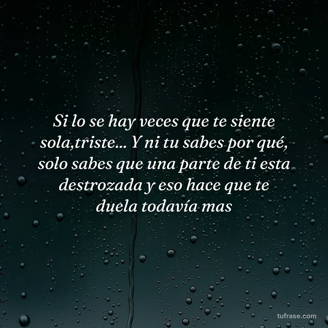 Si lo se hay veces que te siente sola,triste... Y ni tu sabes por qué, solo sabes que una parte de ti esta destrozada y eso hace que te duela todavía mas