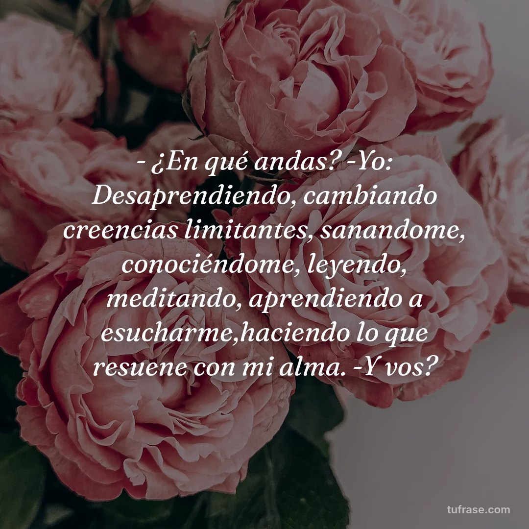 - ¿En qué andas? -Yo: Desaprendiendo, cambiando creencias limitantes, sanandome, conociéndome, leyendo, meditando, aprendiendo a esucharme,haciendo lo que resuene con mi alma. -Y vos?