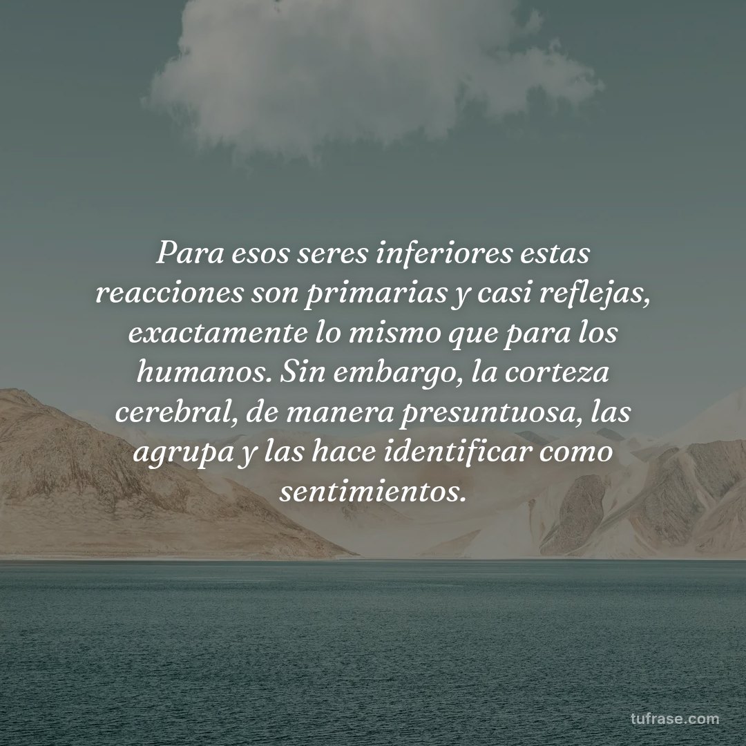 Para esos seres inferiores estas reacciones son primarias y casi reflejas, exactamente lo mismo que para los humanos. Sin embargo, la corteza cerebral, de manera presuntuosa, las agrupa y las hace identificar como sentimientos.