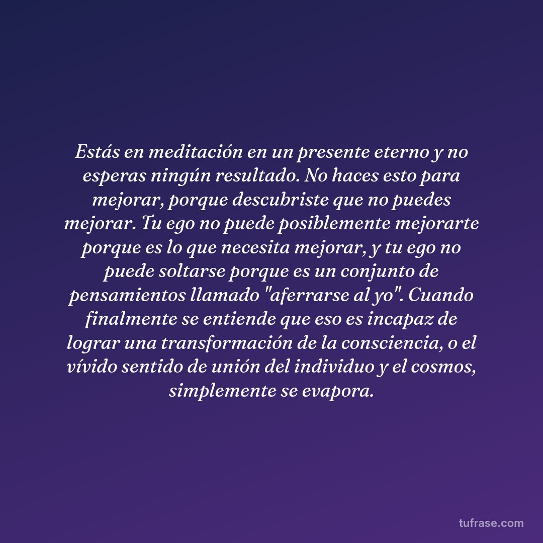 Estás en meditación en un presente eterno y no esperas ningún resultado. No haces esto para mejorar, porque descubriste que no puedes mejorar. Tu ego no puede posiblemente mejorarte porque es lo que necesita mejorar, y tu ego no puede soltarse porque es un conjunto de pensamientos llamado "aferrarse al yo". Cuando finalmente se entiende que eso es incapaz de lograr una transformación de la consciencia, o el vívido sentido de unión del individuo y el cosmos, simplemente se evapora.