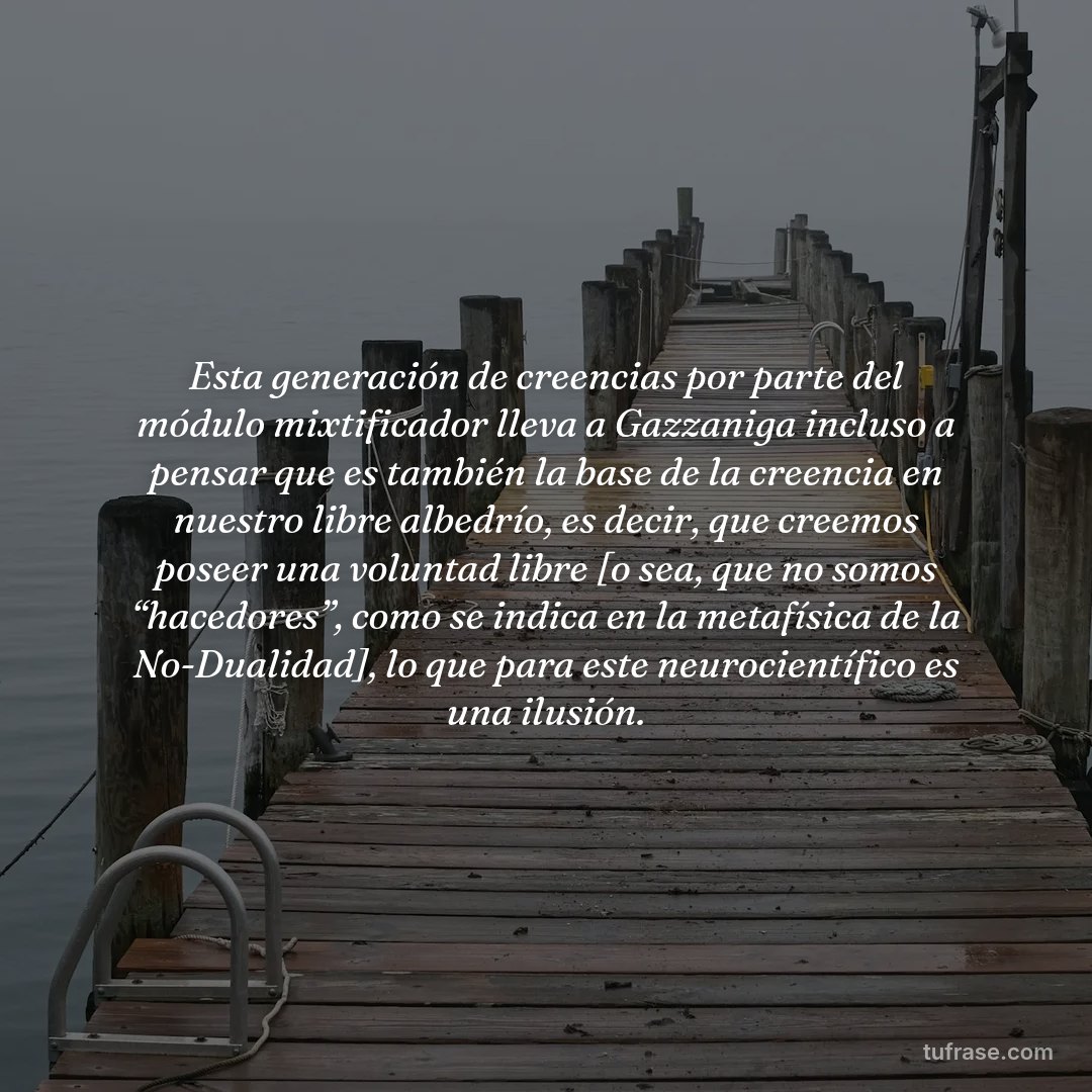 Esta generación de creencias por parte del módulo mixtificador lleva a Gazzaniga incluso a pensar que es también la base de la creencia en nuestro libre albedrío, es decir, que creemos poseer una voluntad libre [o sea, que no somos “hacedores”, como se indica en la metafísica de la No-Dualidad], lo que para este neurocientífico es una ilusión.