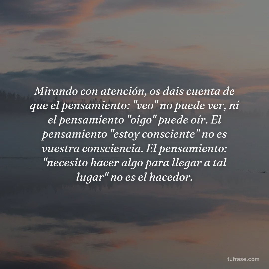 Mirando con atención, os dais cuenta de que el pensamiento: "veo" no puede ver, ni el pensamiento "oigo" puede oír. El pensamiento "estoy consciente" no es vuestra consciencia. El pensamiento: "necesito hacer algo para llegar a tal lugar" no es el hacedor.