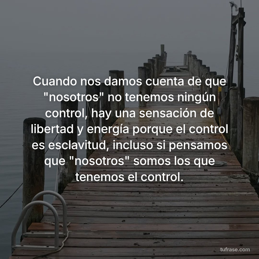 Cuando nos damos cuenta de que "nosotros" no tenemos ningún control, hay una sensación de libertad y energía porque el control es esclavitud, incluso si pensamos que "nosotros" somos los que tenemos el control.
