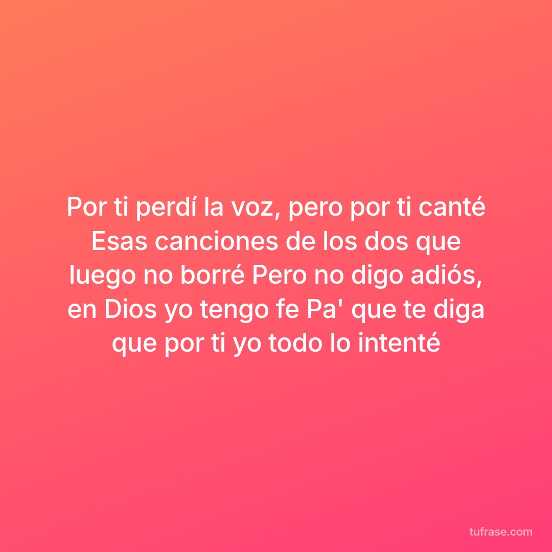 Por ti perdí la voz, pero por ti canté Esas canciones de los dos que luego no borré Pero no digo adiós, en Dios yo tengo fe Pa' que te diga que por ti yo todo lo intenté