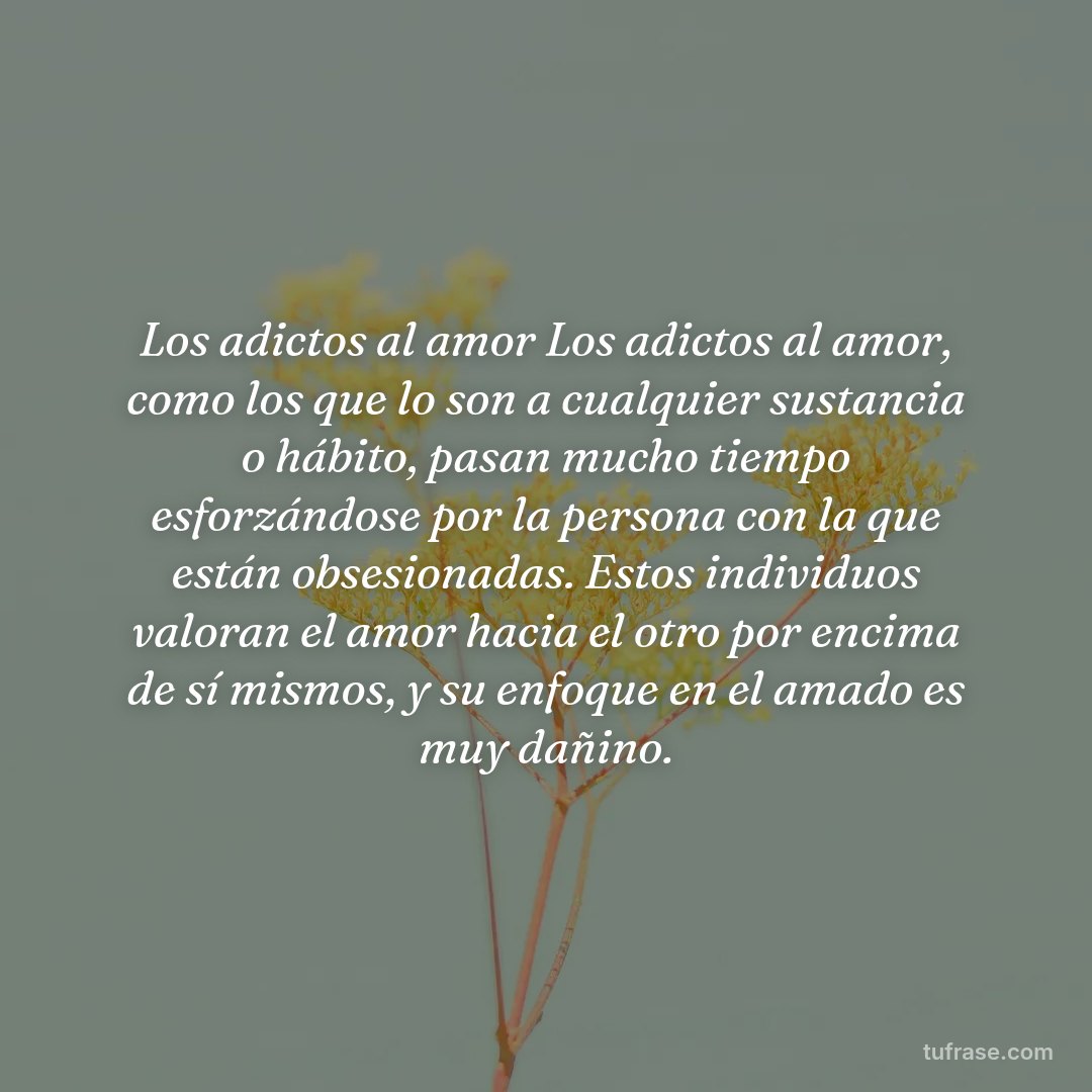 Los adictos al amor Los adictos al amor, como los que lo son a cualquier sustancia o hábito, pasan mucho tiempo esforzándose por la persona con la que están obsesionadas. Estos individuos valoran el amor hacia el otro por encima de sí mismos, y su enfoque en el amado es muy dañino.