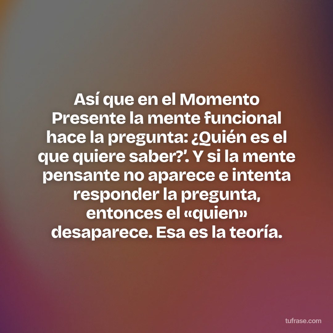 Así que en el Momento Presente la mente funcional hace la pregunta: ¿Quién es el que quiere saber?’. Y si la mente pensante no aparece e intenta responder la pregunta, entonces el «quien» desaparece. Esa es la teoría.