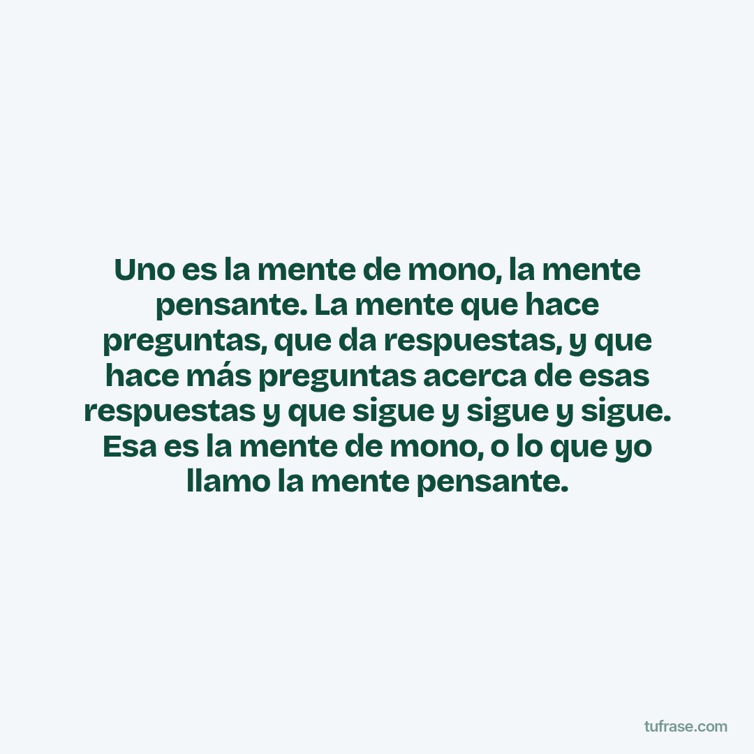 Uno es la mente de mono, la mente pensante. La mente que hace preguntas, que da respuestas, y que hace más preguntas acerca de esas respuestas y que sigue y sigue y sigue. Esa es la mente de mono, o lo que yo llamo la mente pensante.
