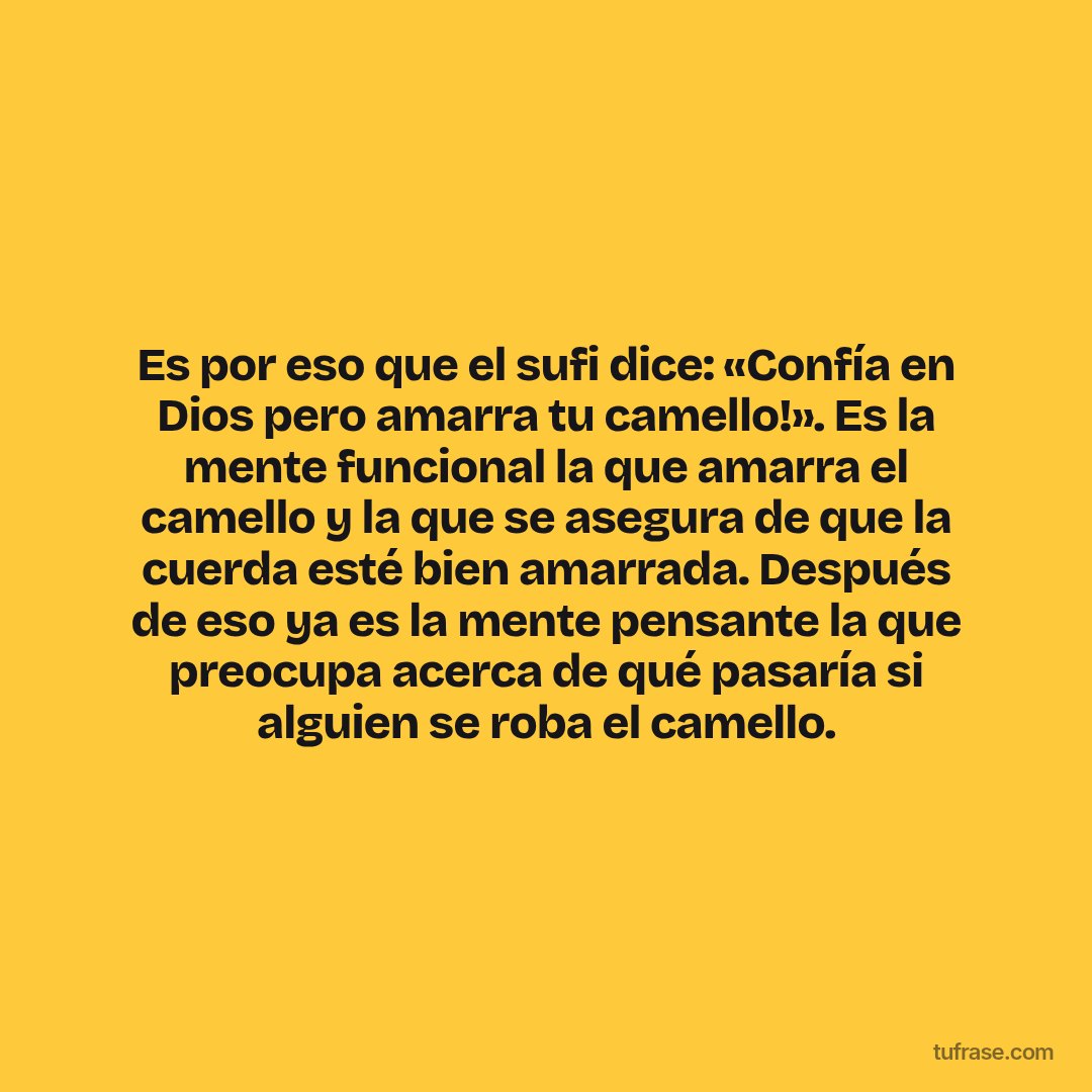 Es por eso que el sufi dice: «Confía en Dios pero amarra tu camello!». Es la mente funcional la que amarra el camello y la que se asegura de que la cuerda esté bien amarrada. Después de eso ya es la mente pensante la que preocupa acerca de qué pasaría si alguien se roba el camello.