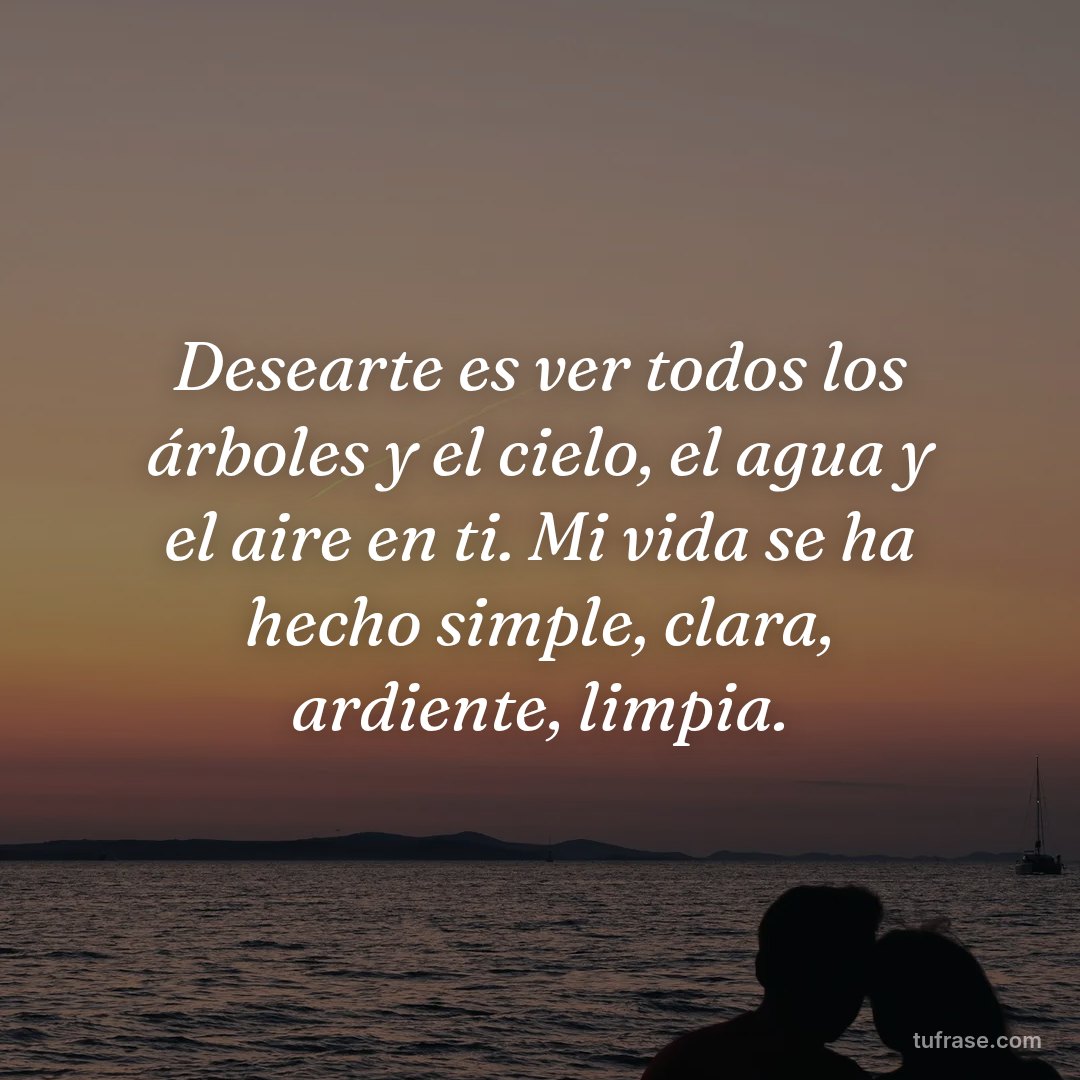 Desearte es ver todos los árboles y el cielo, el agua y el aire en ti. Mi vida se ha hecho simple, clara, ardiente, limpia.