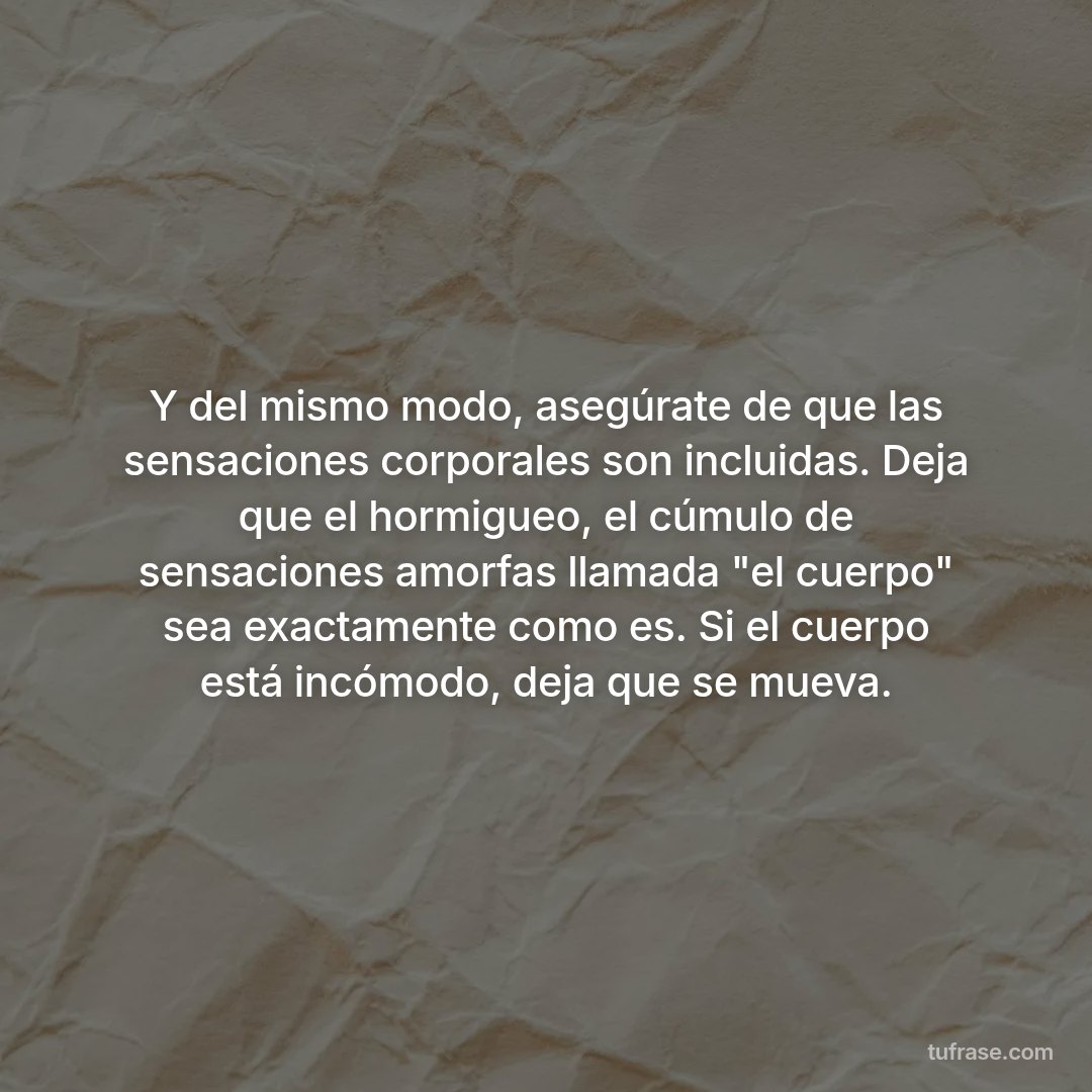 Y del mismo modo, asegúrate de que las sensaciones corporales son incluidas. Deja que el hormigueo, el cúmulo de sensaciones amorfas llamada "el cuerpo" sea exactamente como es. Si el cuerpo está incómodo, deja que se mueva.