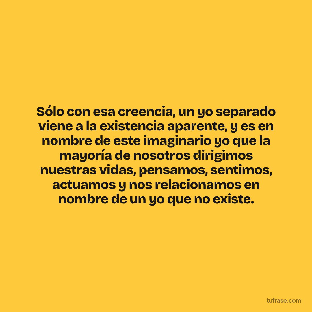 Sólo con esa creencia, un yo separado viene a la existencia aparente, y es en nombre de este imaginario yo que la mayoría de nosotros dirigimos nuestras vidas, pensamos, sentimos, actuamos y nos relacionamos en nombre de un yo que no existe.