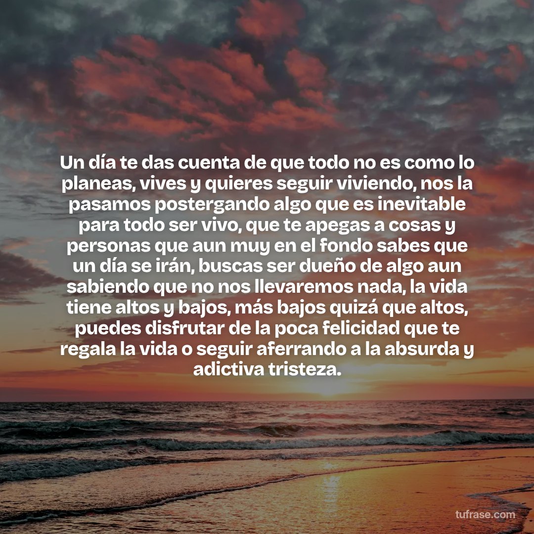 Un día te das cuenta de que todo no es como lo planeas, vives y quieres seguir viviendo, nos la pasamos postergando algo que es inevitable para todo ser vivo, que te apegas a cosas y personas que aun muy en el fondo sabes que un día se irán, buscas ser dueño de algo aun sabiendo que no nos llevaremos nada, la vida tiene altos y bajos, más bajos quizá que altos, puedes disfrutar de la poca felicidad que te regala la vida o seguir aferrando a la absurda y adictiva tristeza.