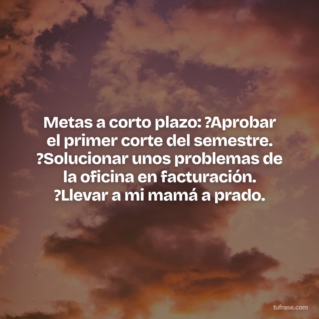 Metas a corto plazo: ?Aprobar el primer corte del semestre. ?Solucionar unos problemas de la oficina en facturación. ?Llevar a mi mamá a prado.