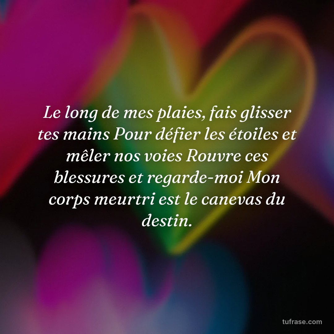 Le long de mes plaies, fais glisser tes mains Pour défier les étoiles et mêler nos voies Rouvre ces blessures et regarde-moi Mon corps meurtri est le canevas du destin.
