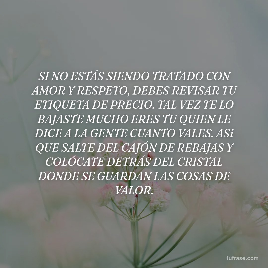 SI NO ESTÁS SIENDO TRATADO CON AMOR Y RESPETO, DEBES REVISAR TU ETIQUETA DE PRECIO. TAL VEZ TE LO BAJASTE MUCHO ERES TU QUIEN LE DICE A LA GENTE CUANTO VALES. ASi QUE SALTE DEL CAJÓN DE REBAJAS Y COLÓCATE DETRÁS DEL CRISTAL DONDE SE GUARDAN LAS COSAS DE VALOR.