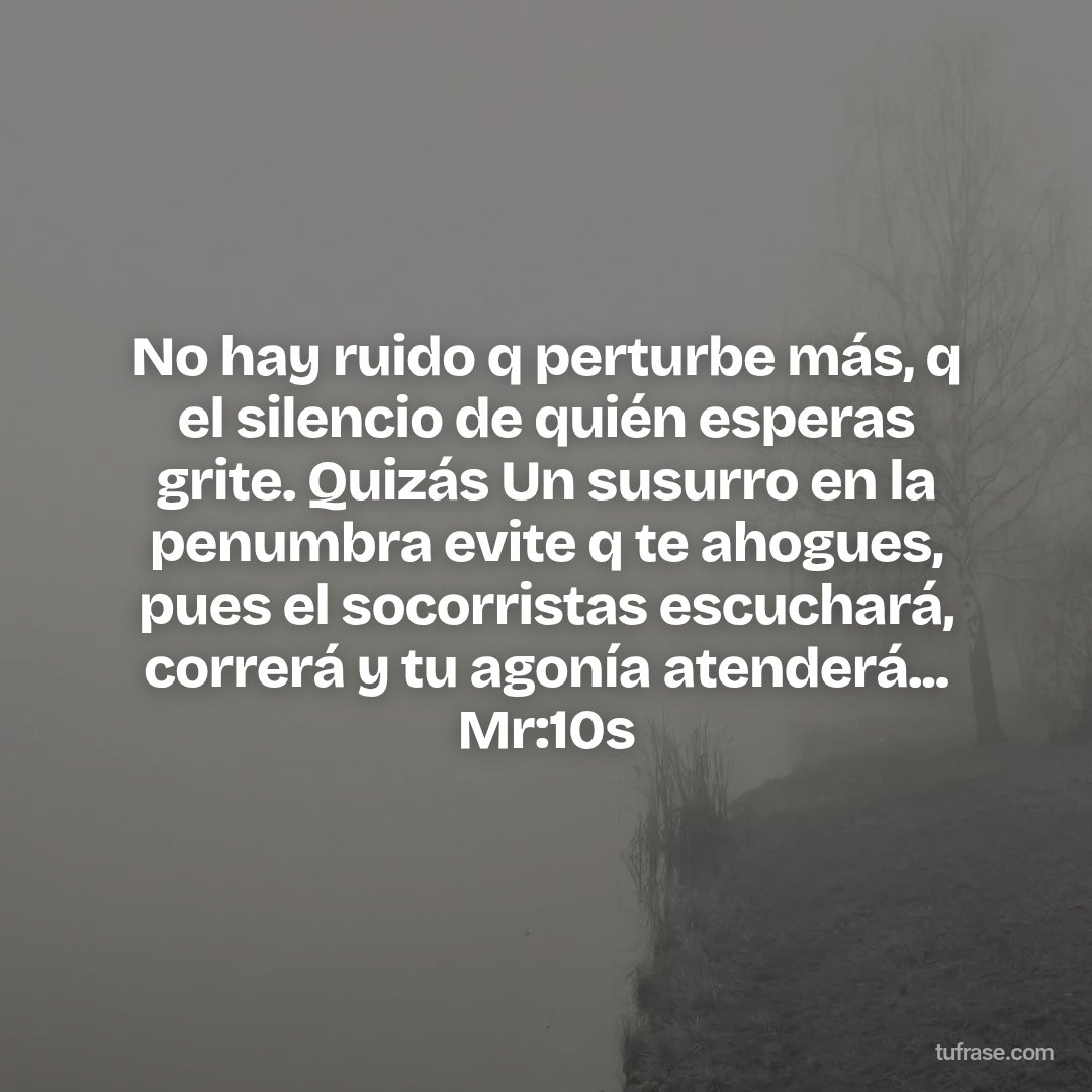 No hay ruido q perturbe más, q el silencio de quién esperas grite. Quizás Un susurro en la penumbra evite q te ahogues, pues el socorristas escuchará, correrá y tu agonía atenderá... Mr:10s
