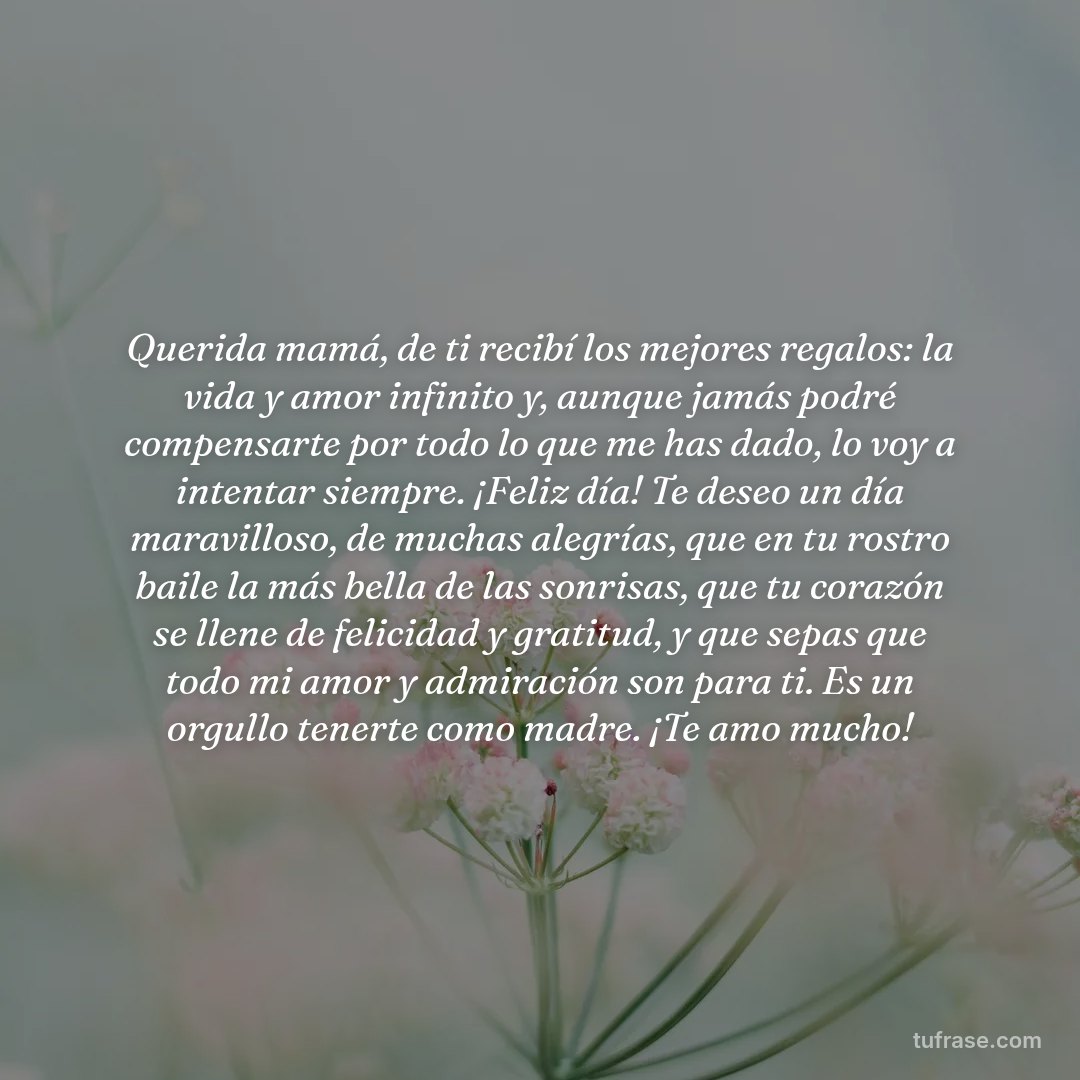 Querida mamá, de ti recibí los mejores regalos: la vida y amor infinito y, aunque jamás podré compensarte por todo lo que me has dado, lo voy a intentar siempre. ¡Feliz día! Te deseo un día maravilloso, de muchas alegrías, que en tu rostro baile la más bella de las sonrisas, que tu corazón se llene de felicidad y gratitud, y que sepas que todo mi amor y admiración son para ti. Es un orgullo tenerte como madre. ¡Te amo mucho!