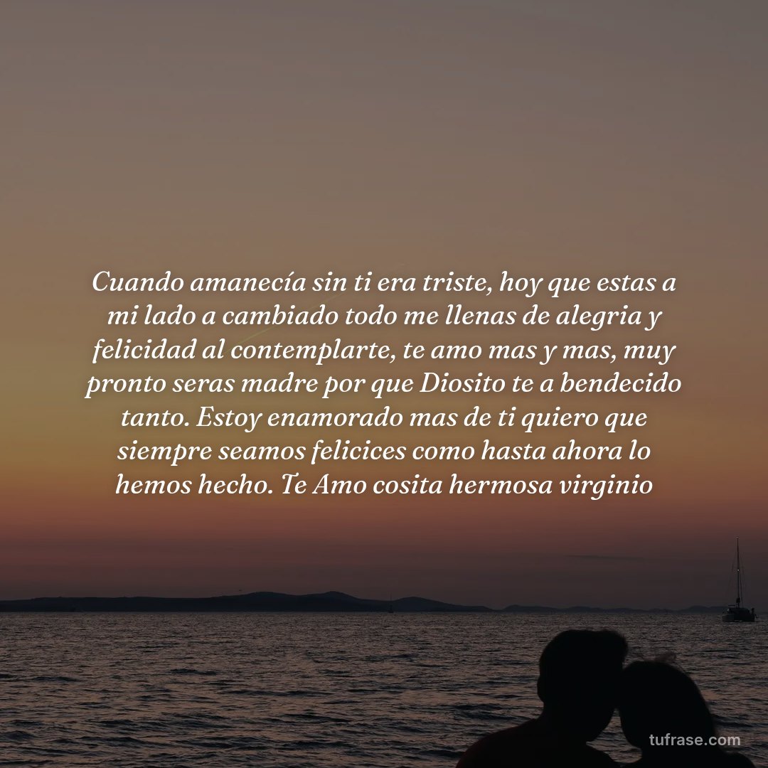 Cuando amanecía sin ti era triste, hoy que estas a mi lado a cambiado todo me llenas de alegria y felicidad al contemplarte, te amo mas y mas, muy pronto seras madre por que Diosito te a bendecido tanto. Estoy enamorado mas de ti quiero que siempre seamos felicices como hasta ahora lo hemos hecho. Te Amo cosita hermosa virginio