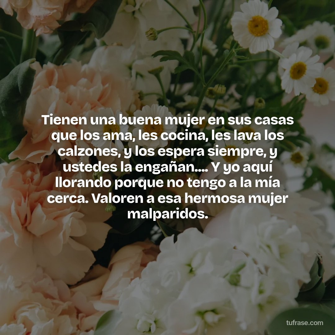 Tienen una buena mujer en sus casas que los ama, les cocina, les lava los calzones, y los espera siempre, y ustedes la engañan.... Y yo aquí llorando porque no tengo a la mía cerca. Valoren a esa hermosa mujer malparidos.