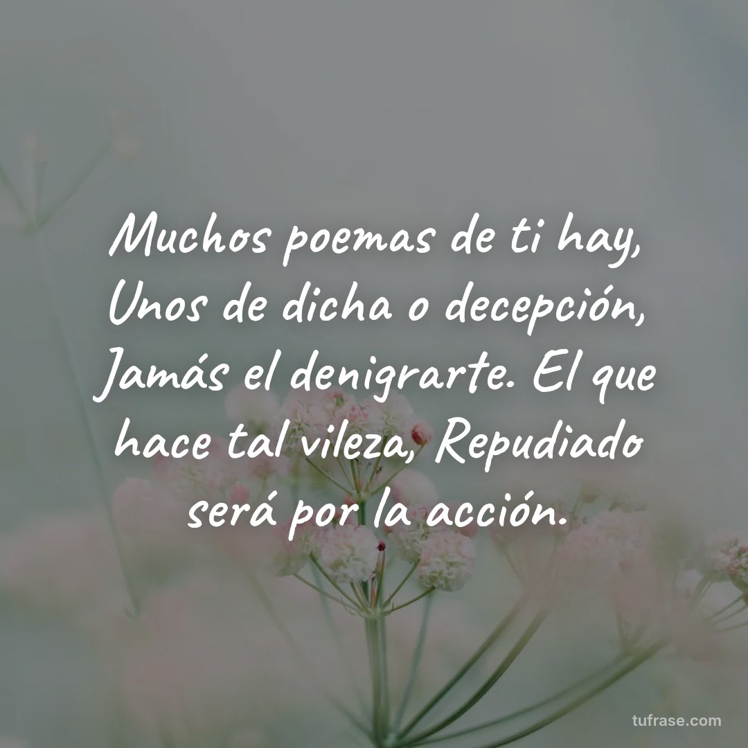 Muchos poemas de ti hay, Unos de dicha o decepción, Jamás el denigrarte. El que hace tal vileza, Repudiado será por la acción.