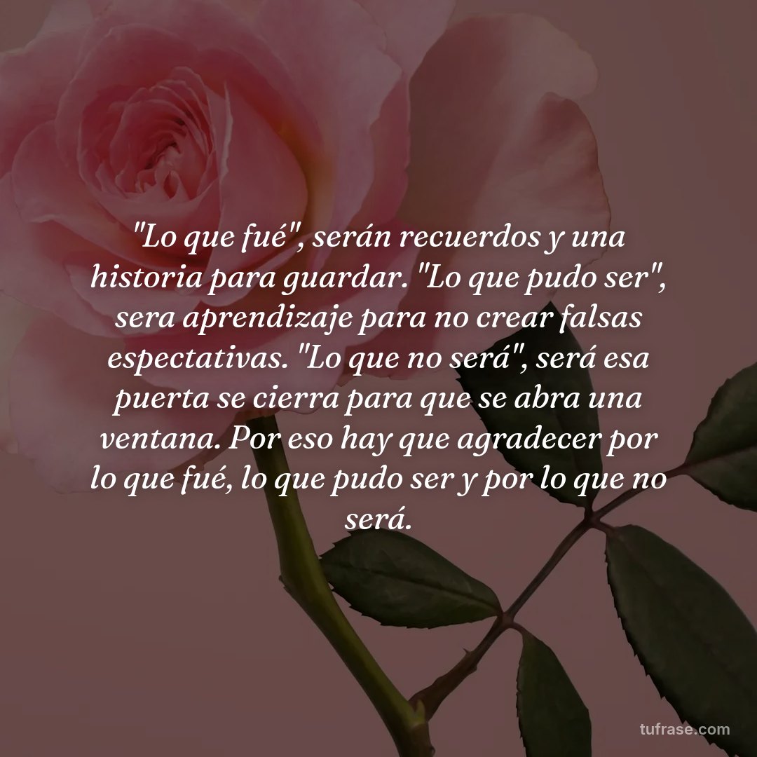 "Lo que fué", serán recuerdos y una historia para guardar. "Lo que pudo ser", sera aprendizaje para no crear falsas espectativas. "Lo que no será", será esa puerta se cierra para que se abra una ventana. Por eso hay que agradecer por lo que fué, lo que pudo ser y por lo que no será.